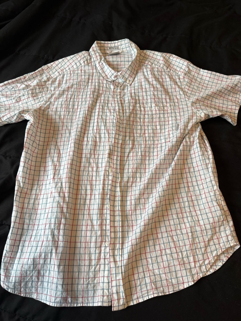 Columbia White Short-Sleeve Button-Down Shirt with Red & Blue Grid